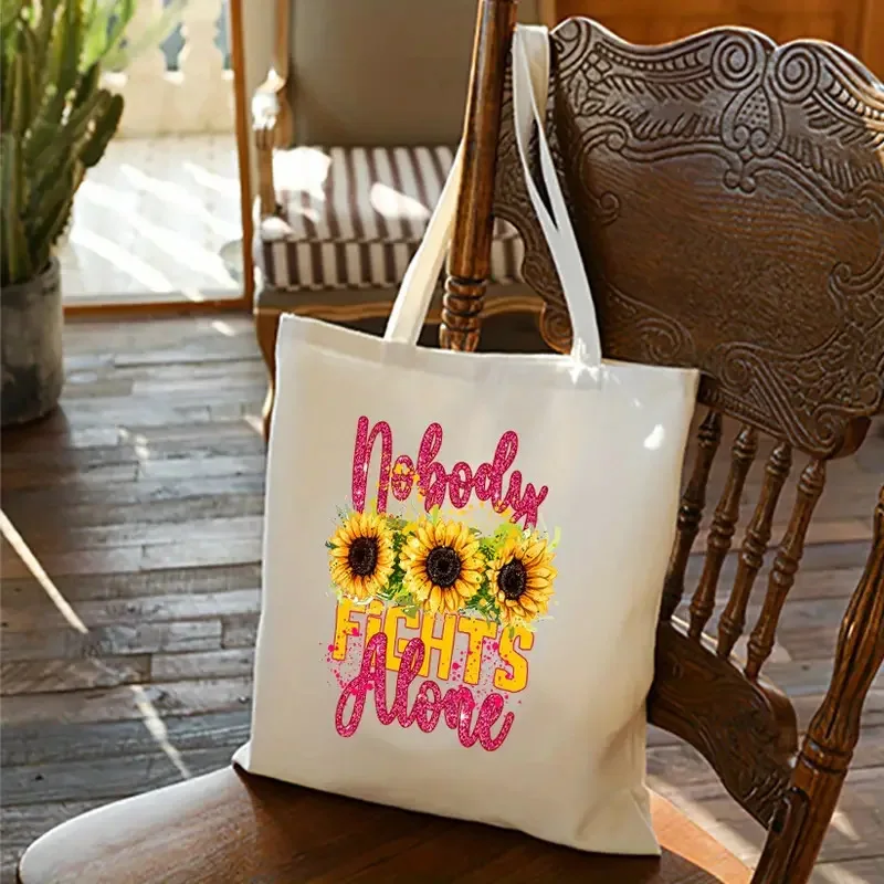 

Sunflower Printed Canvas Handbag with Pink Letters and Yellow Flower Design, Single Shoulder Women's Hand-held Shopping Bag