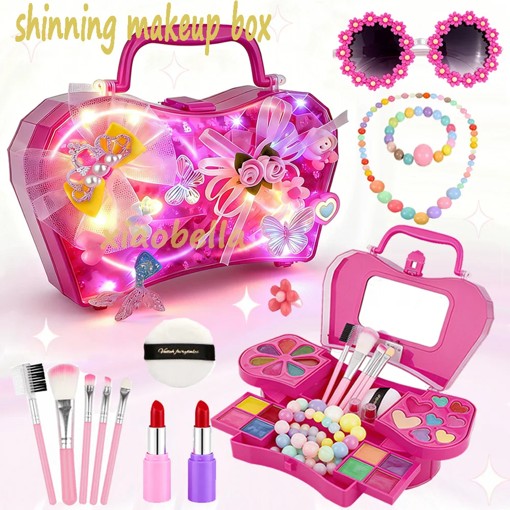 Kids Washable Makeup Kit Girl Toys with Sunglasses Jewelry DIY Accessories Kids Cosmetic Handbag With Box Lights Effect Gifts