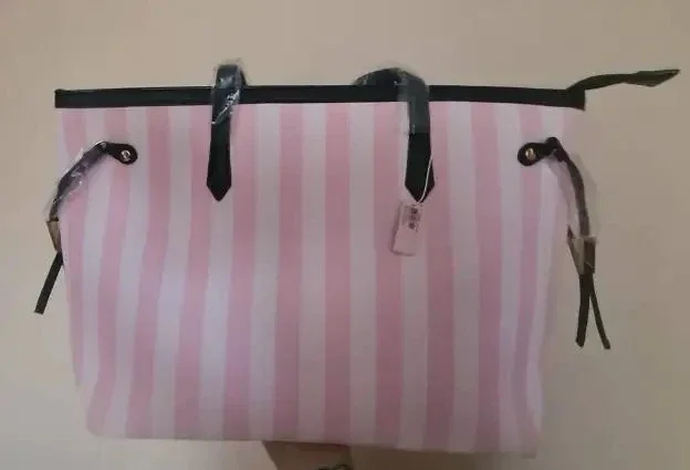 Large Zipper Weekend Tote Bag Travel Pink White Stripe Logo