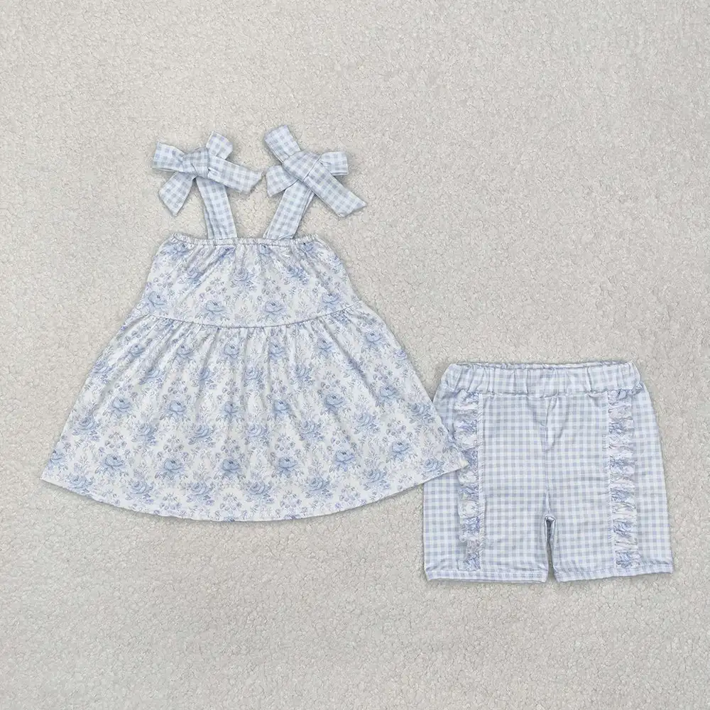 

Wholesale hot sale kids westen boutique outfits children Baby Girls Blue Flowers Straps Tunic Ruffle Shorts Clothes Sets