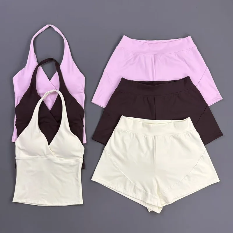 2 Pieces Women Gym Set Yoga Sports Suit Origin Halter Top And Training Shorts Fitness Solid Clothing Running Workout Sportswear