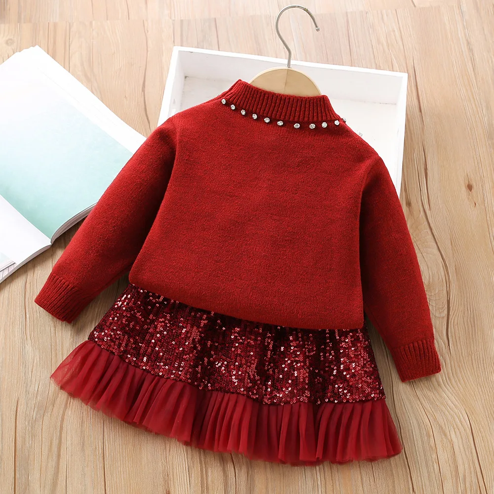 The new sweet and cute girl set Korean version of the knitted jacket+sequins short skirt girl spring set is suitable 2-6 year ol