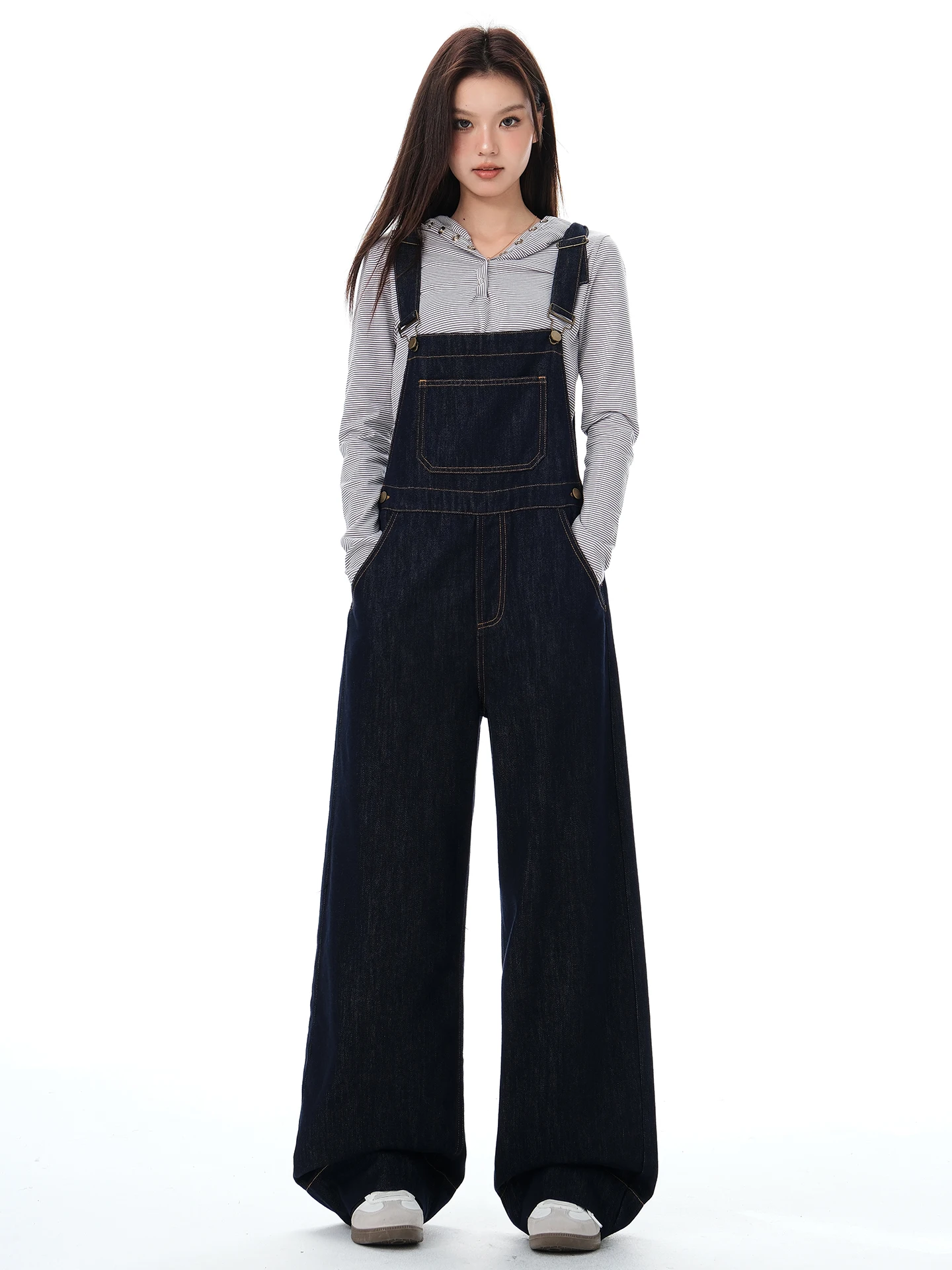 MGHG Denim Blue Oversized American Style High Waist Overalls Women's Fashion Autumn 2025 New Loose Fit Youthful Look