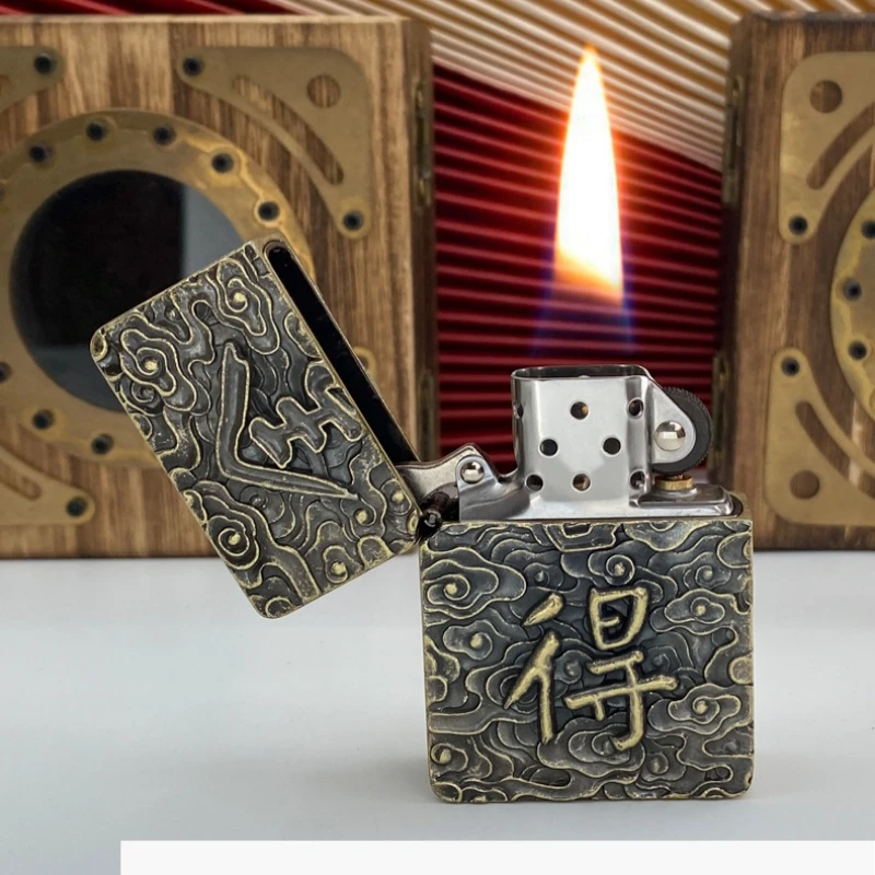 CHIEF Pure Copper Heavy Armor Double sided Embossed Kerosene Lighter Retro Made Old Grinding Wheel Ignition Windproof Lighters