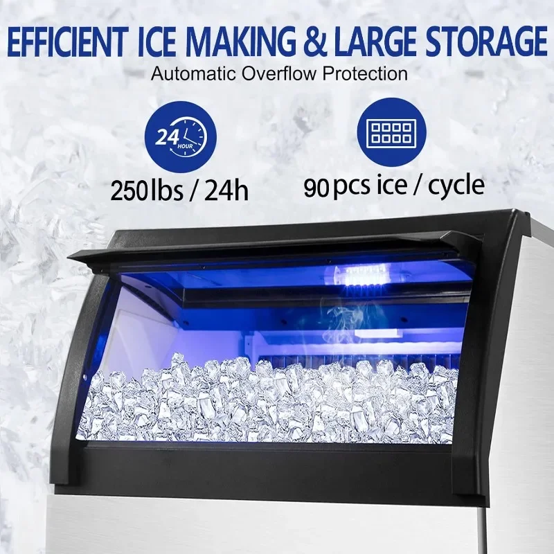 Commercial Ice Maker, 250Lbs/24H Under Counter Ice Machine with 77Lbs Storage Bin, 90 Ice Cubes in 11Min