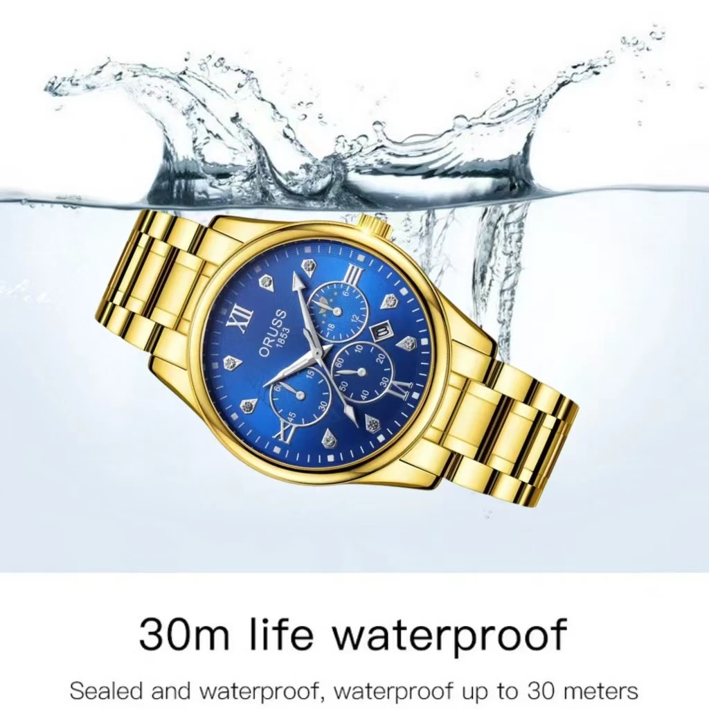 ORUSS оригинальные лучшие брендовые мужские часы из нержавеющей стали с двойным календарем, водонепроницаемые светящиеся роскошные золотые часы, модные кварцевые мужские наручные часы