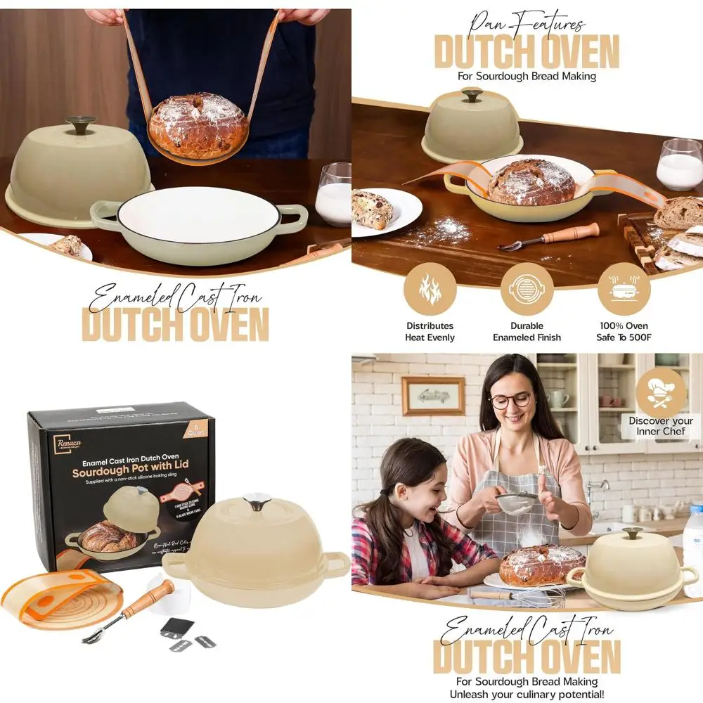 

6 Quart White Enamel Cast Iron Dutch Oven with Lid - Ideal for Sourdough Bread Baking, Includes 5-Blade Lame and Silicone Sling