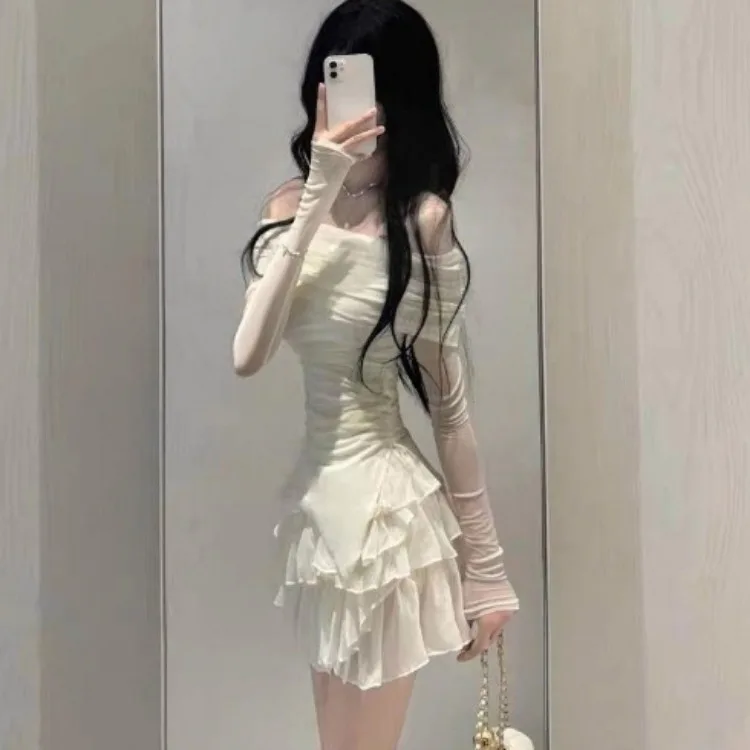 Sexy Off Shoulder Slim Fit Long Sleeve T-shirt for Women+ Y2k High Waist Ruched Cake Skirts 2024 Summer New Two Piece Sets