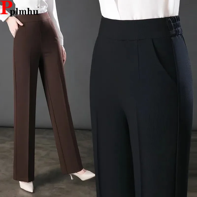 Classic Elegant Ankle-length Straight Suit Pantalones Formal New Spodnie Elastic High Waist Basic Pants Korea Loose Women Broek