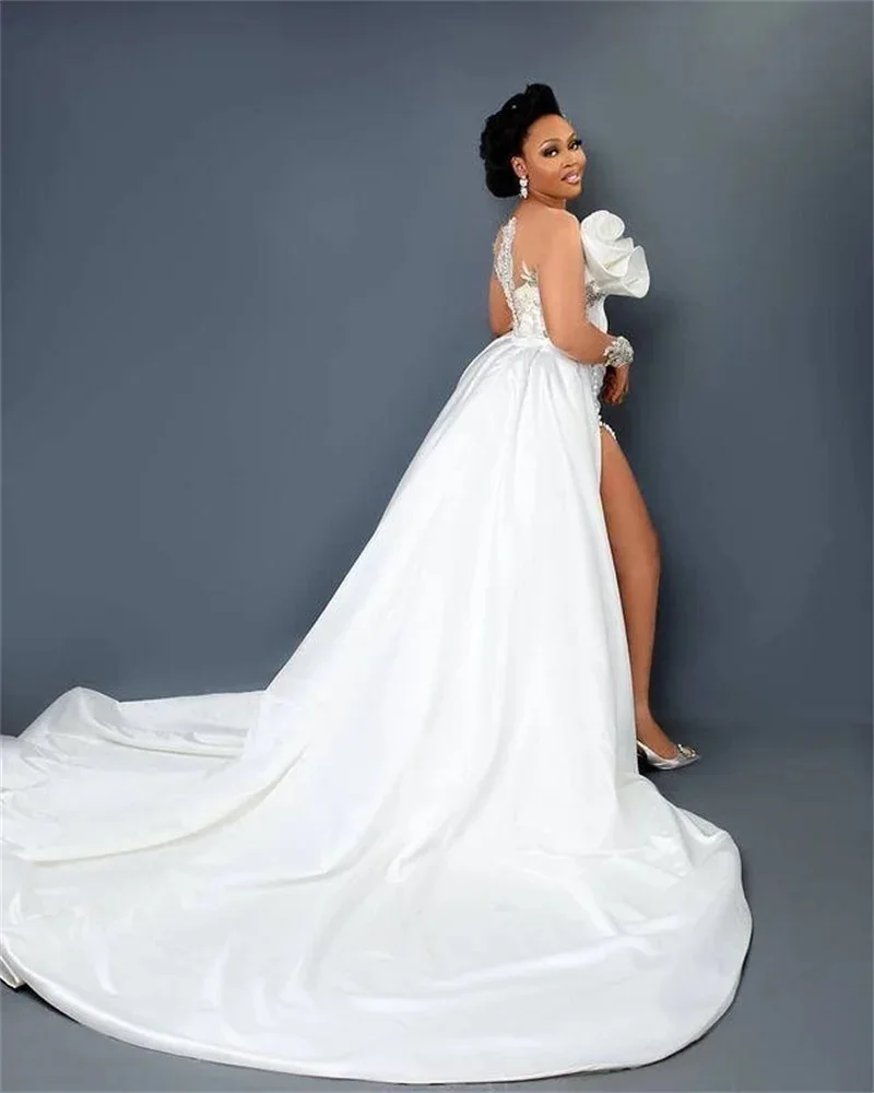 Branco babados vestido de casamento rendas apliques contas trem destacável vestido de noiva feito sob encomenda plus size mangas compridas robes de mariée