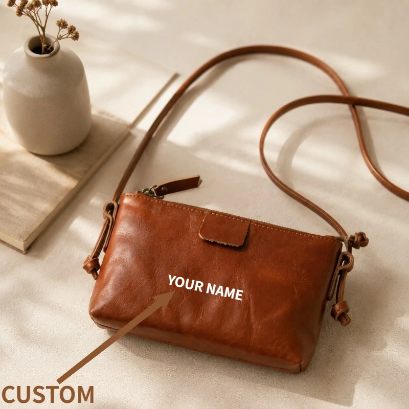 Vintage Handmade Vegetable Tanned Leather Crossbody Pouch Large Capacity Travel Organizer Bag Makeup Storage Custom Engraved