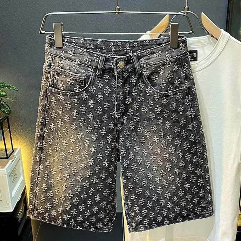 2025 Summer New American Leisure High Street Fashion Piercing Loose Cowboy Shorts, Retro Washed Straight Men's Five Cent Shorts view 4