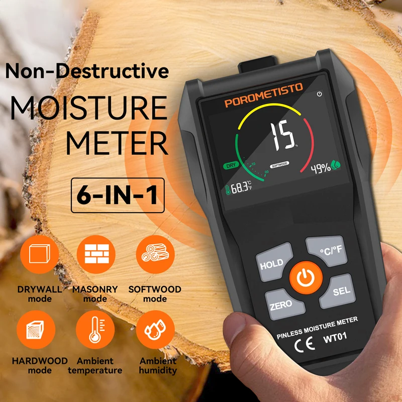 Pinless Moisture Meter for Wood, Drywall & Concrete,Inductive Wood Humidity Tester with 3-Color LCD Display & Audible Alarm