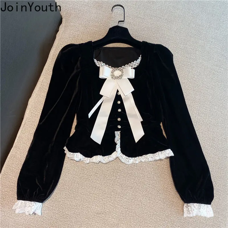 Women Clothing Elegant Blouses Lace Black Shirt Vintage Fashion Woman Tops Long Sleeve Ladies Bluses Korean Y2K Top