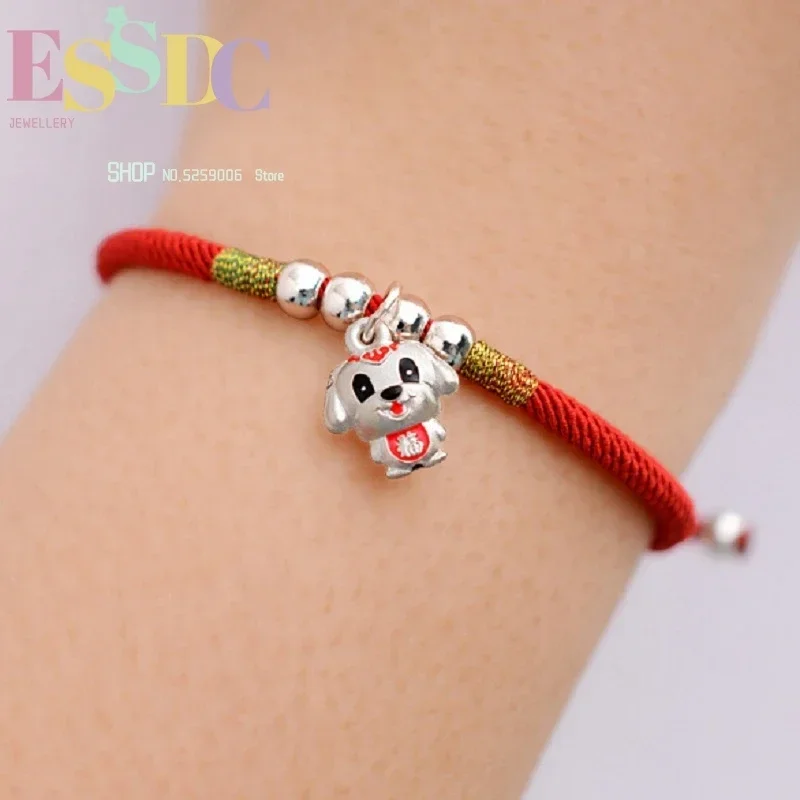 Dropship Animal Year Luck 999 Silver Cute Dog Pendant Chinese Red Hand Weaving Rope Bracelet Adjustable Length