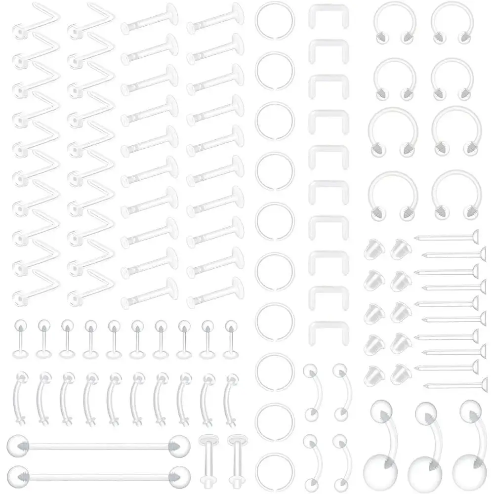 1/109Pcs Set Clear Piercings Retainers Kit Nose Septum Eyebrow Lip Labret Tongue Belly Cartilage Rings Bioflex Barbell Jewelry