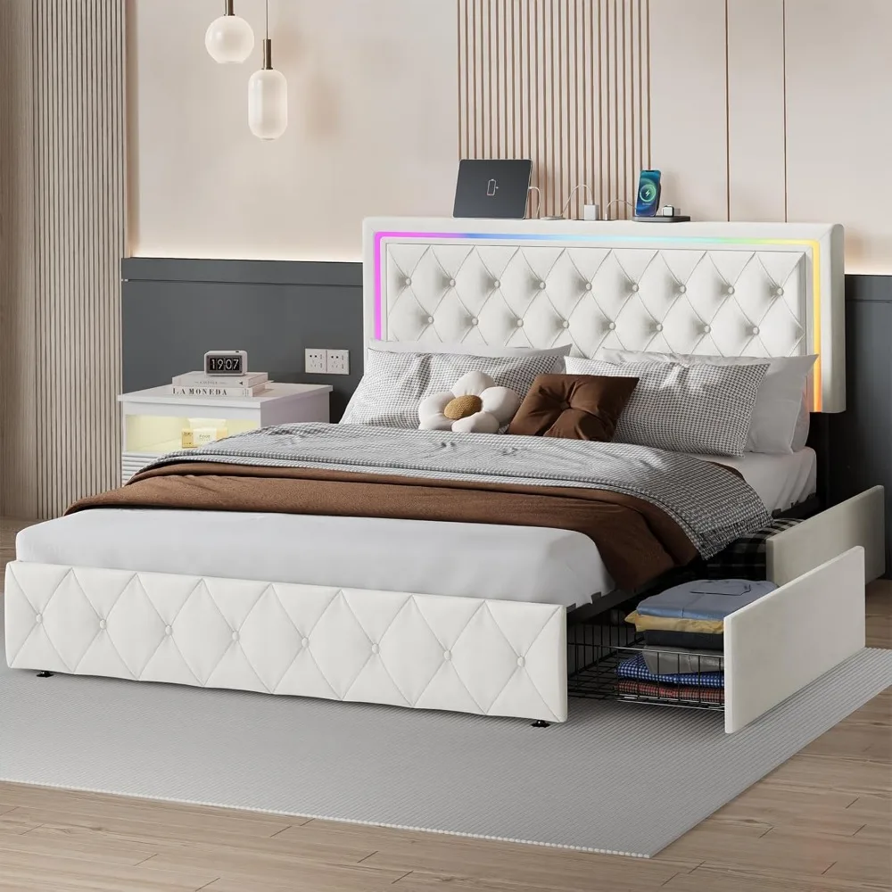 

LED Bed Frame with 4 Storage Drawers and Adjustable Headboard, Modern Velvet Upholstered Platform Bed Frame Full Size with