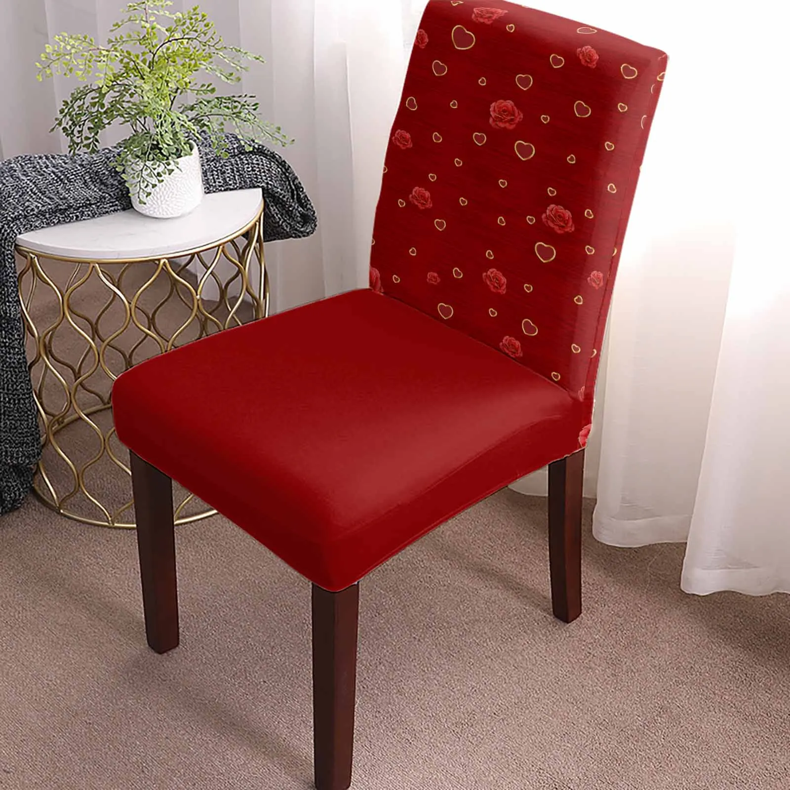 Valentine'S Day Love Rose Texture Chair Cover Set Kitchen Stretch Spandex Seat Slipcover Home Decor Dining Room Seat Cover