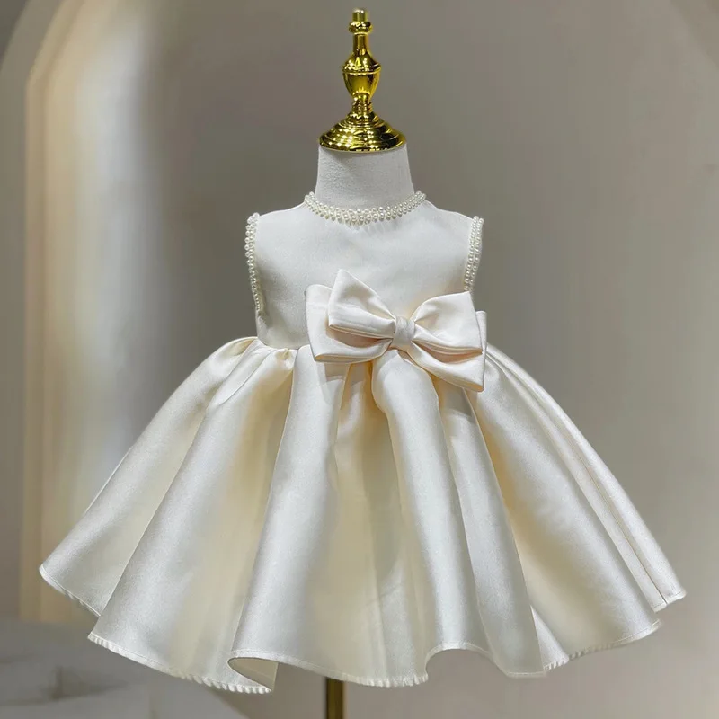

Girls Cute Bow Beading Design Sleeveless Birthday Baptism Princess Ball Gown Children Fashion Wedding Dress y1660