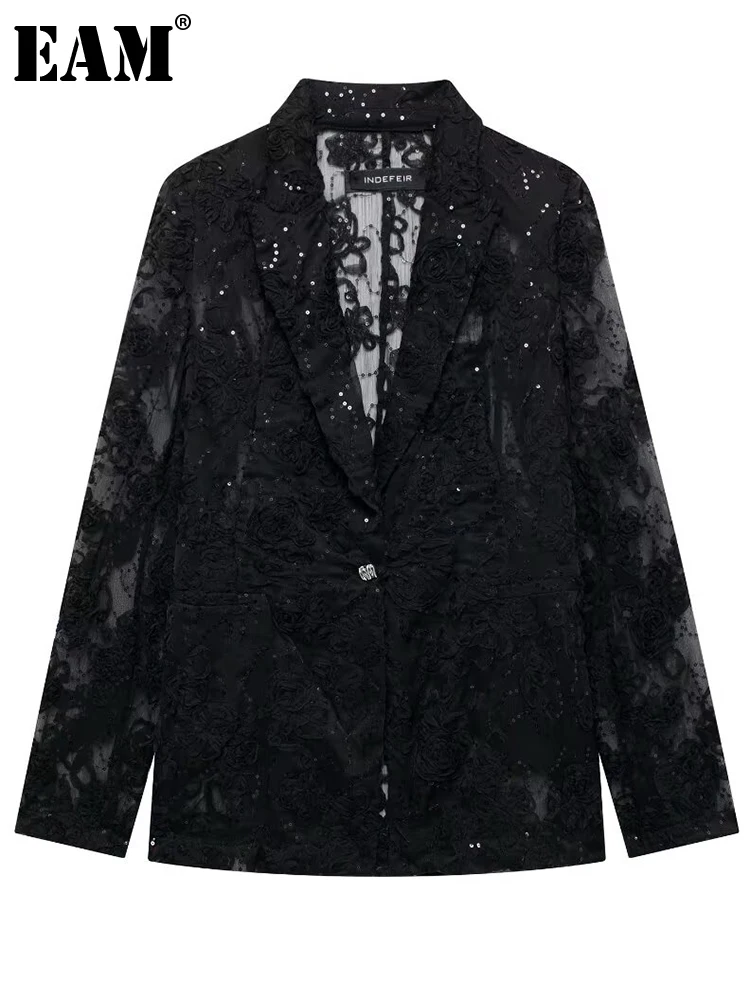 EAM Black Hollow Out Sequins Lace Blazer Women New Lapel Long Sleeve Loose Fit Jacket Fashion Tide Spring Autumn 2024 30A2440