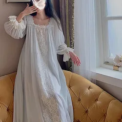 Princess Vintage Long Loose Cotton Nightgowns French Sexy Square Collar Full Sleeves Nightdress Sweet Lace Embroidery Nightie