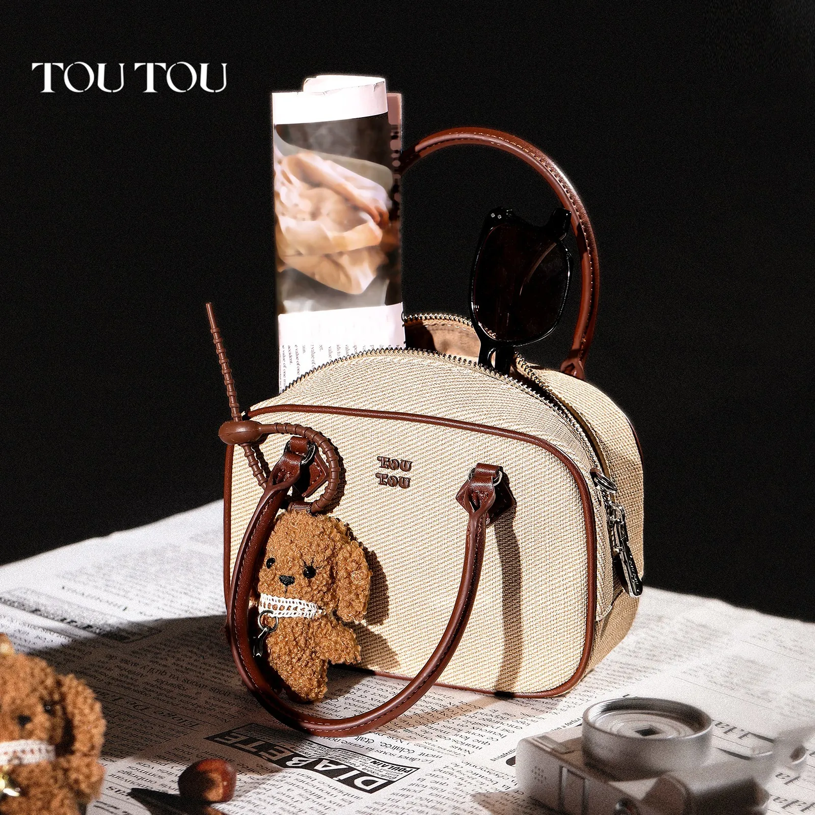 TOUTOU Original Women's Bowling Bag Cute Pendant Decorated Handbag Detachable Shoulder Strap Shoulder Bag