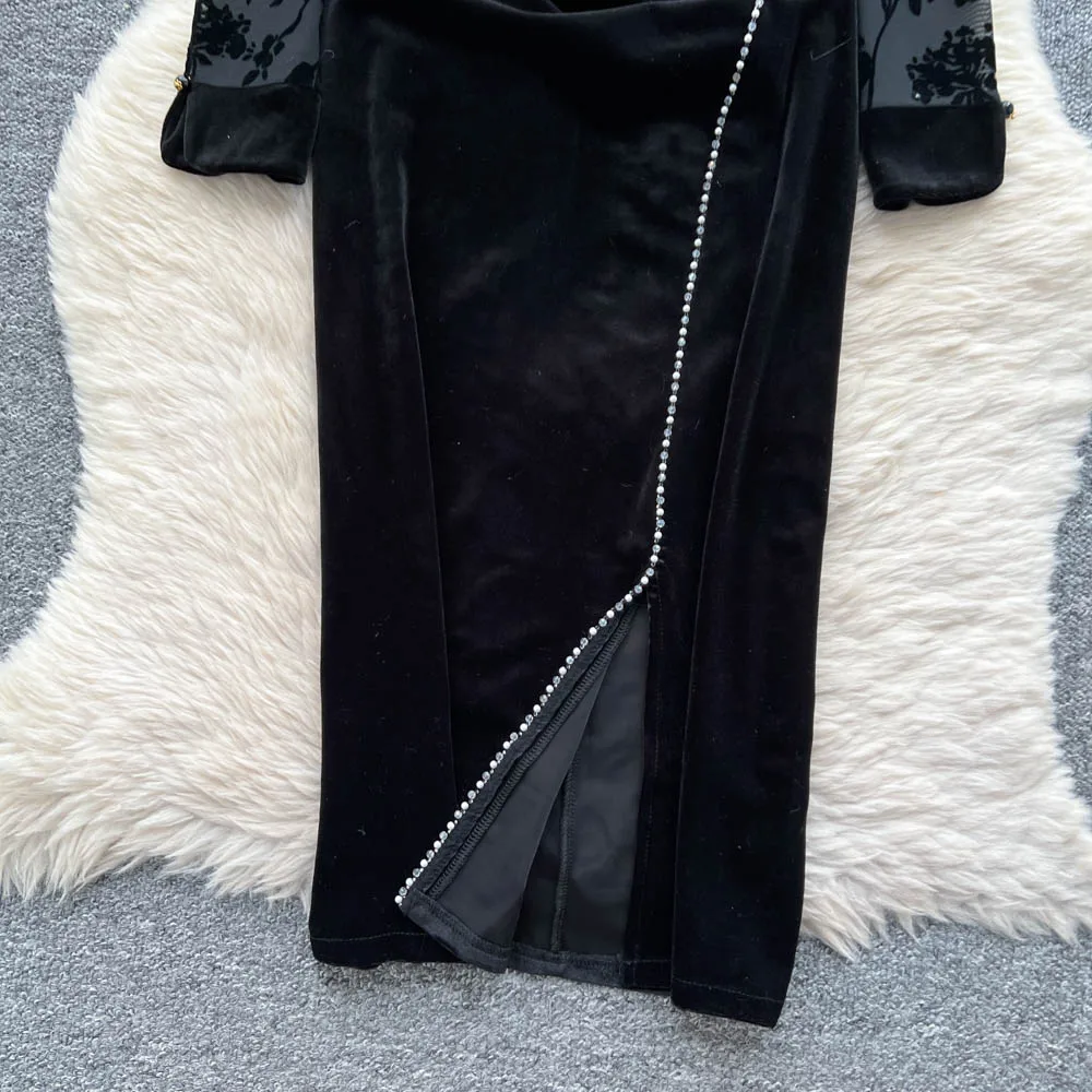 シックなヴィンテージベロアメッシュ長袖ドレスエレガントな妖精韓国ファッション秋パーティー女性服