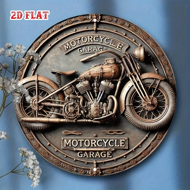 Vintage Motorcycle Garage Round Iron Sign - Retro Metal Wall Decor, Bronze-Colored Motorcycle Art with Ornate Border