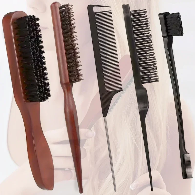 Conjunto de Escovas e Pentes para Cabelo, Escovas de Cerdas de Javali para Desfiar e Pentes com Cabo Fino, Ferramentas de Estilização para Controle de Bordas, Cerdas de Nylon, Cabo de ABS