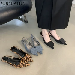 SUOJIALUN Women Sandal Shoes Fashion Pointed Toe Shallow Slip On Ladies Elegant Dress Slingback Shoes Thin Med Heel Dress Pumps