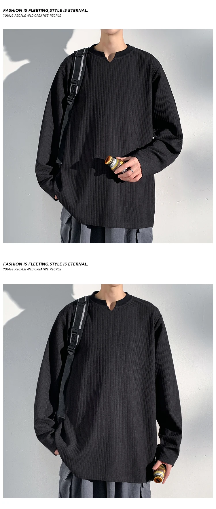 Herren-T-Shirt mit V-Ausschnitt, langen Ärmeln, vertikalen Streifen, geripptem Stoff, lockerer Passform, bequem, lässig, Basic-Oberteil für Herren. – Detail 22