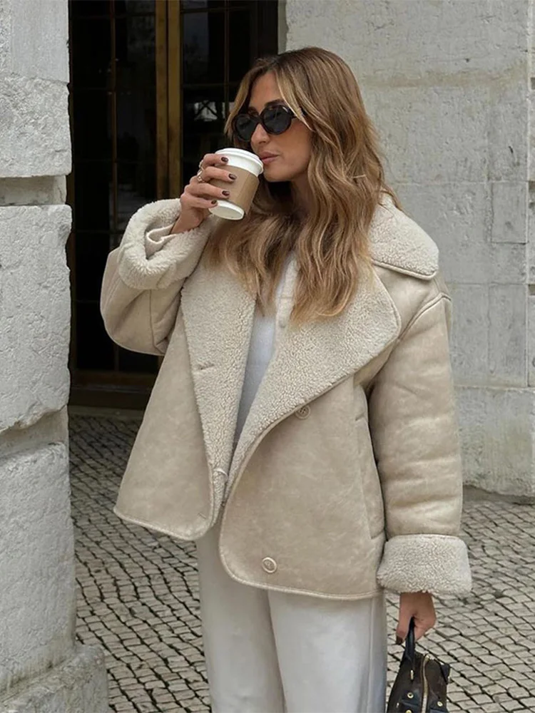 

Casual Lapel Faux Fur Double-sided Jacket Women Fashion Long Sleeve Loose Warm Coat 2024 Autumn Winter New Female Outwears