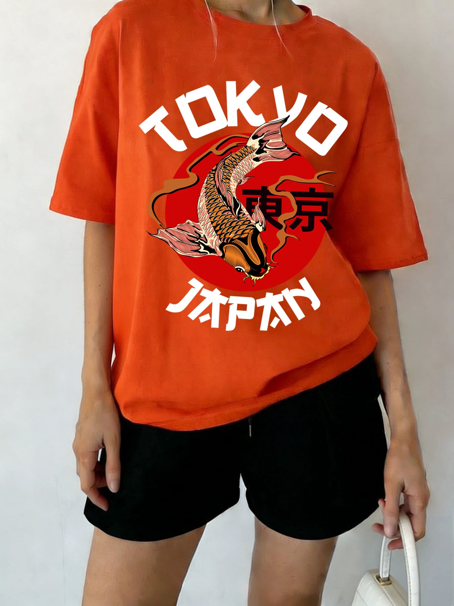 Harajuku Tokyo Japan Koi Fish Print Woman T-Shirt Casual Summer Fashion Short Sleeve Cotton Clothing Loose Unisex All-Match Top