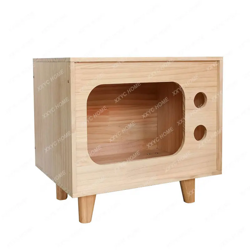 

Solid Wood Cat Nest Factory Direct Creative Extra Height Extra Large Solid Wood Cat House Retro TV Pine Material Pet Bed