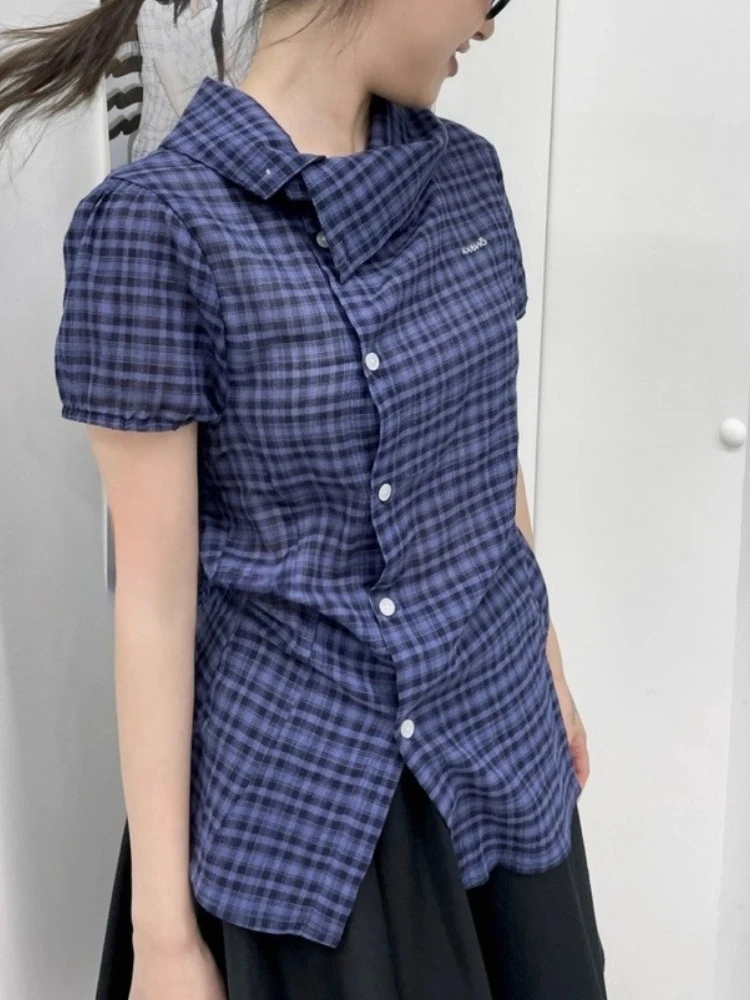 

Summer Y2k Asymmetrical Button Bases Shirt Female Vintage Lapels Plaid Puff Sleeves Tops Korea Chic Short-sleeved Tops 2025 New