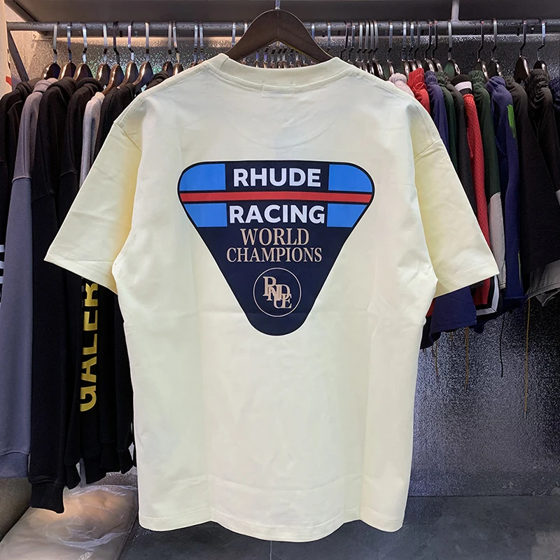 2026 New RHUDE Short Sleeved Racing Champion Triangle Logo Printed Short Sleeved T-shirt, Men's Casual Loose Top Tee