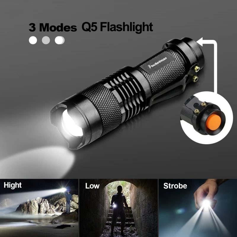 Mini lampe de poche à lumière LED Q5, torche avec Focus et Zoom réglables, utilisation de piles 14500 et 18650, idéal pour un cadeau