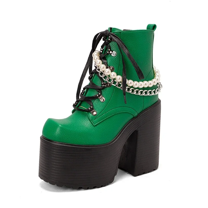 Women Boots Fashion Pearl Chain Thick Heels Square Toe Zip Cross -tied Belt Buckle Design Party Dress Ankle Platform Boots 3286