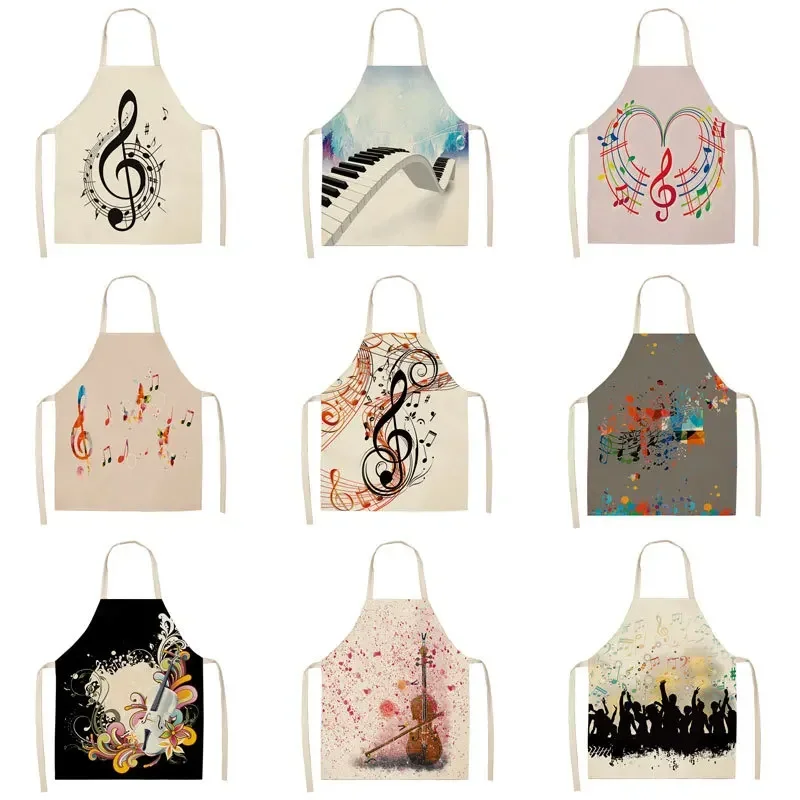 Musicial Note Guitar Piano Kitchen Aprons Women Cotton Linen Bibs Household Cleaning Pinafore Home Cooking Apron