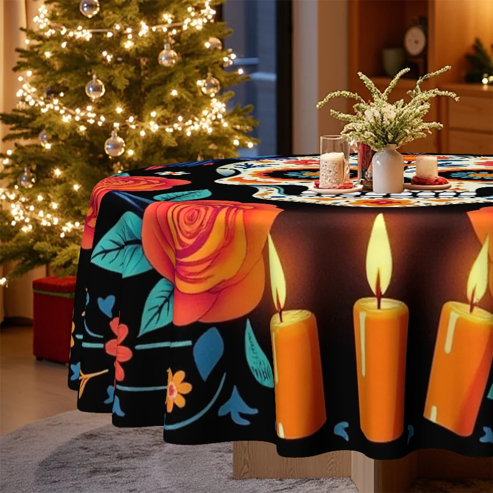 One tablecloth, circular tablecloth with Christmas and Dia de los Muertos themeszyc