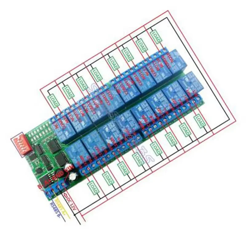 

16 channle DC 12V RS-485 Modbus RTU Relay Board RS485 Bus Remote Control Switch for LED Motor PLC PTZ Camera Smart Home