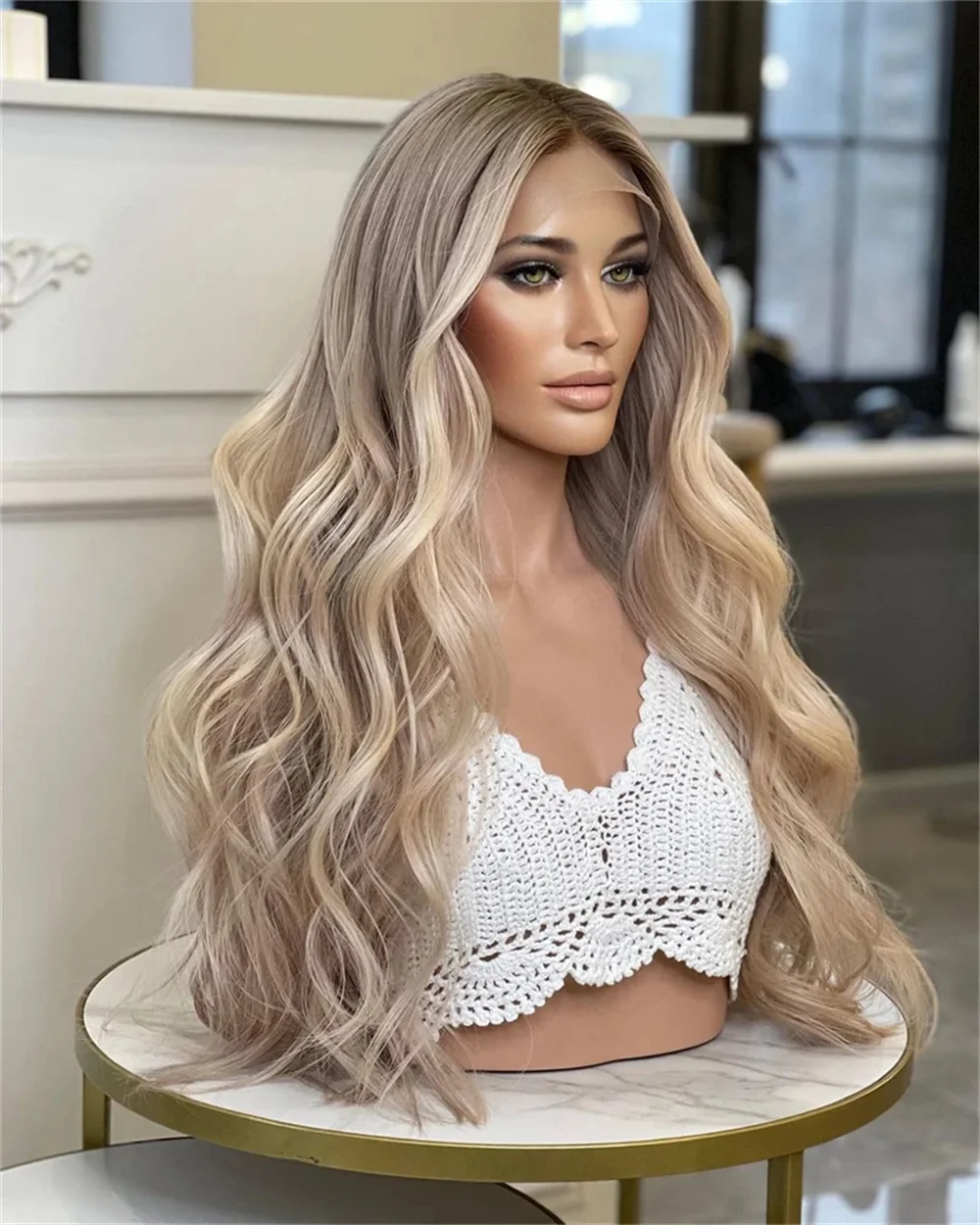 30 Inch Highlight Blonde Synthetic Lace Front Wigs Dark Roots Body Wavy Long Balayalge Blonde Pre Plucked Mixed Wigs for Women
