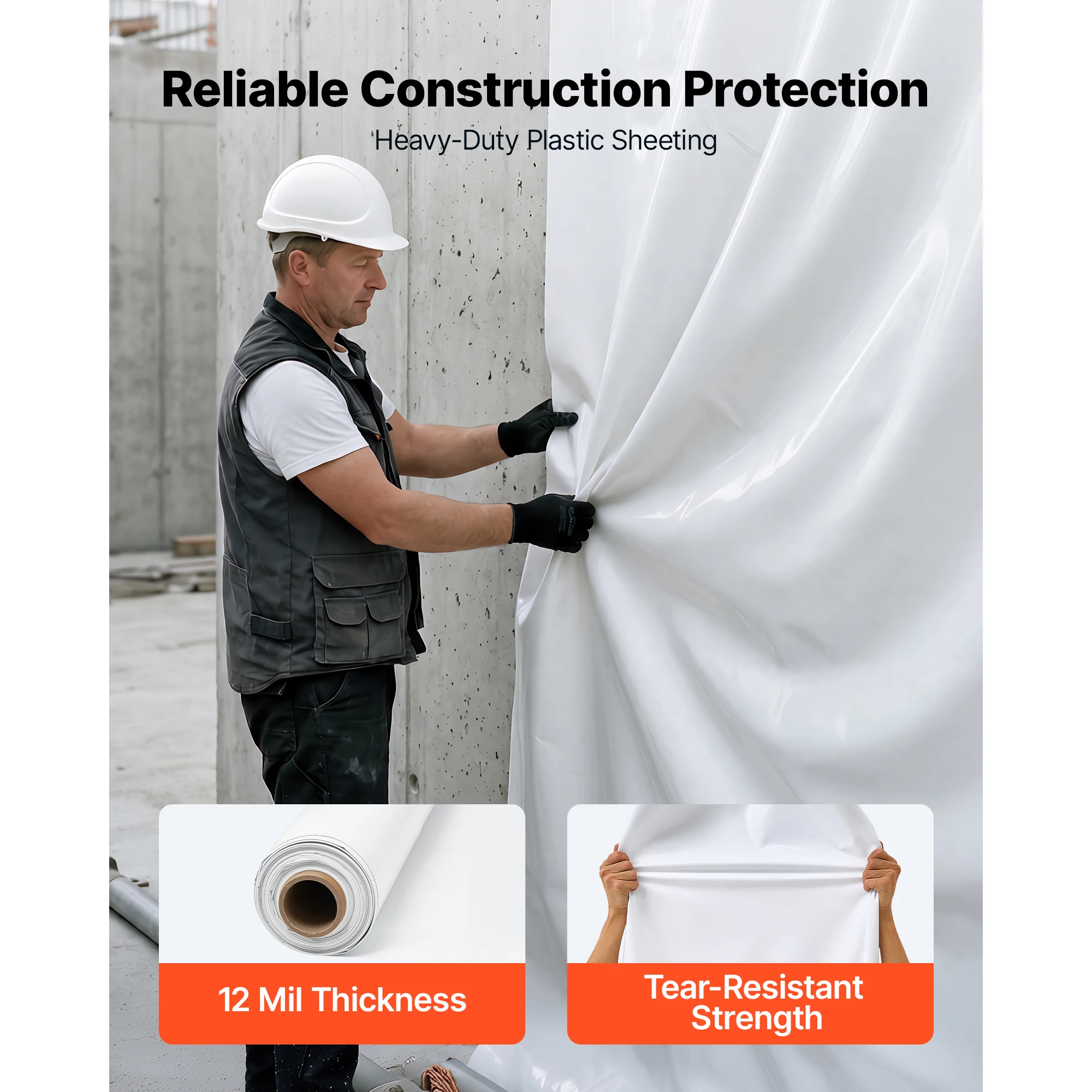 12 Mil Plastic Sheeting 10' x 50' Heavy-Duty Thick Polyethylene Roll, Plastic Drop Cloth Painters Tarp, Polyethylene Covering for Crawl Space Vapor Barrier, Weed Control, Garden, Black & White