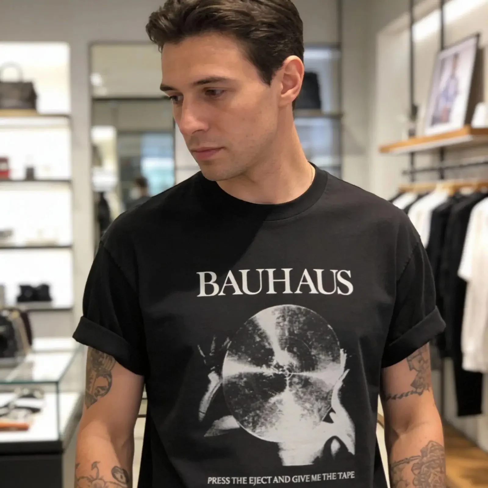 Bauhaus Press Eject and Give Me the Tape Black T shirt S 5XL vintage Washed graphic Versatile Top For Everyday Wear Unisex