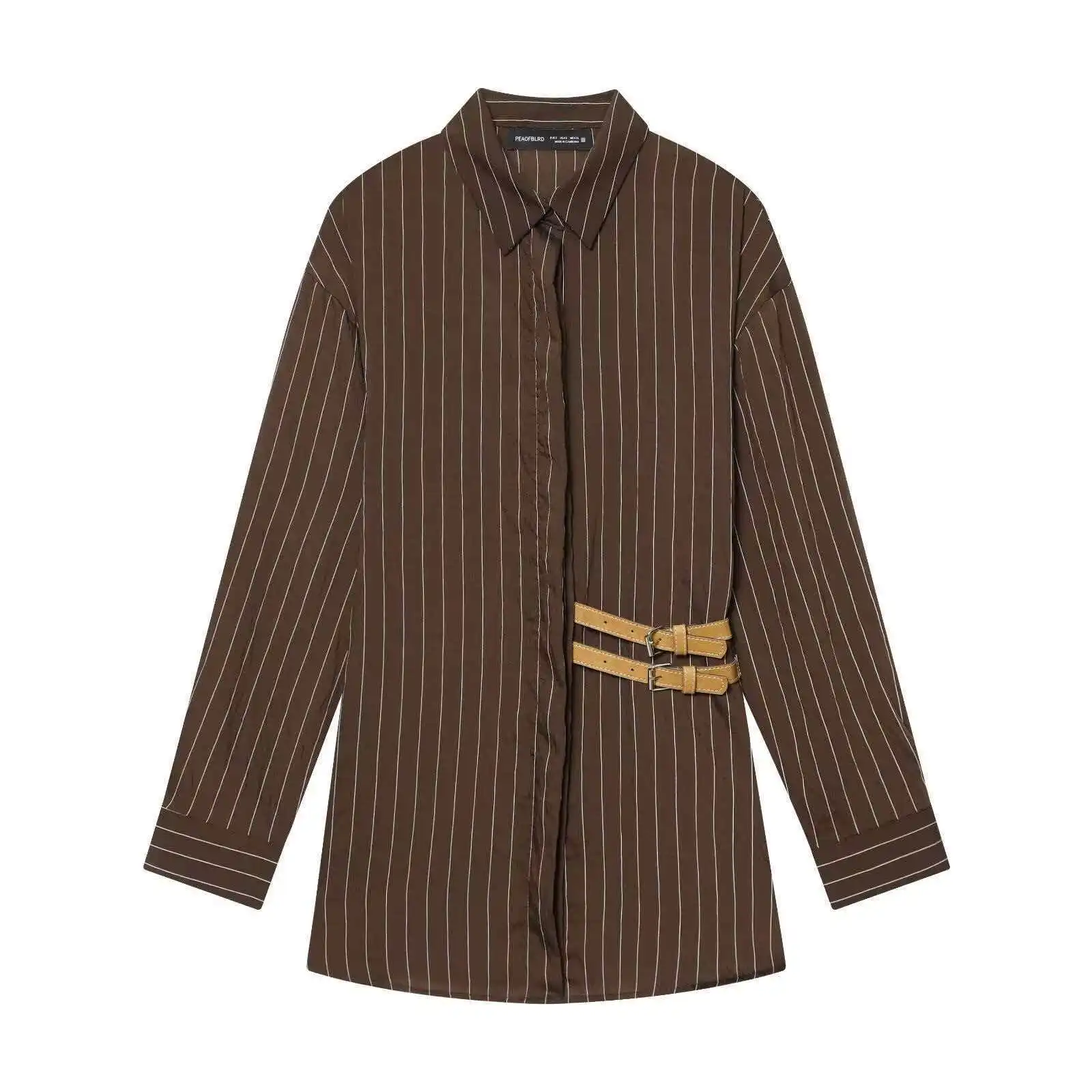 

Women's Casual Versatile Top Fall Winter Retro Fashion Belt-Decorated Striped Shirt Single-Breasted Collared Long-Sleeve Blouse
