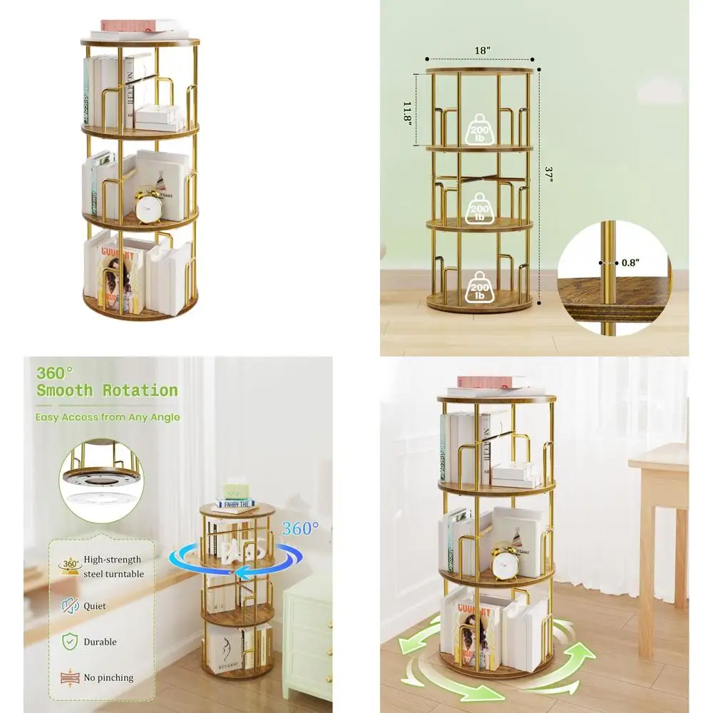 Gold 37 3-Tier Rotating Bookshelf Tower - Floor Standing, Anti-Tip Design, Metal & Wood, Space-Saving for Small Spaces, Ideal fo