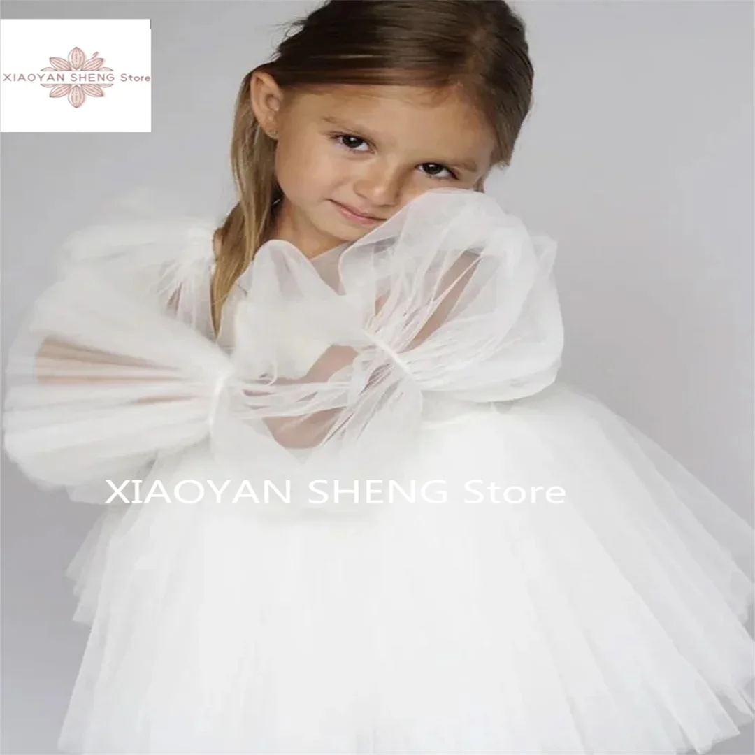 Pink Tulle Flower Girl Dress For Wedding Puffy Knee Length Long Sleeves Kids Party Ball Gown Christmas Pageant Dresses