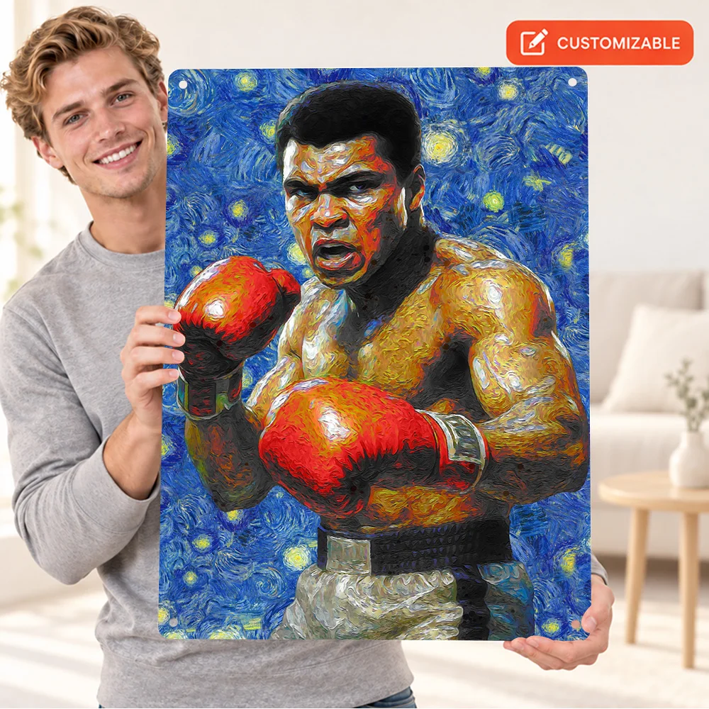 Muhammad Ali Boxing Textured Metal Poster Customized Aluminum Sign Impressionist Portrait Painting Wall Art For Sports Lounge