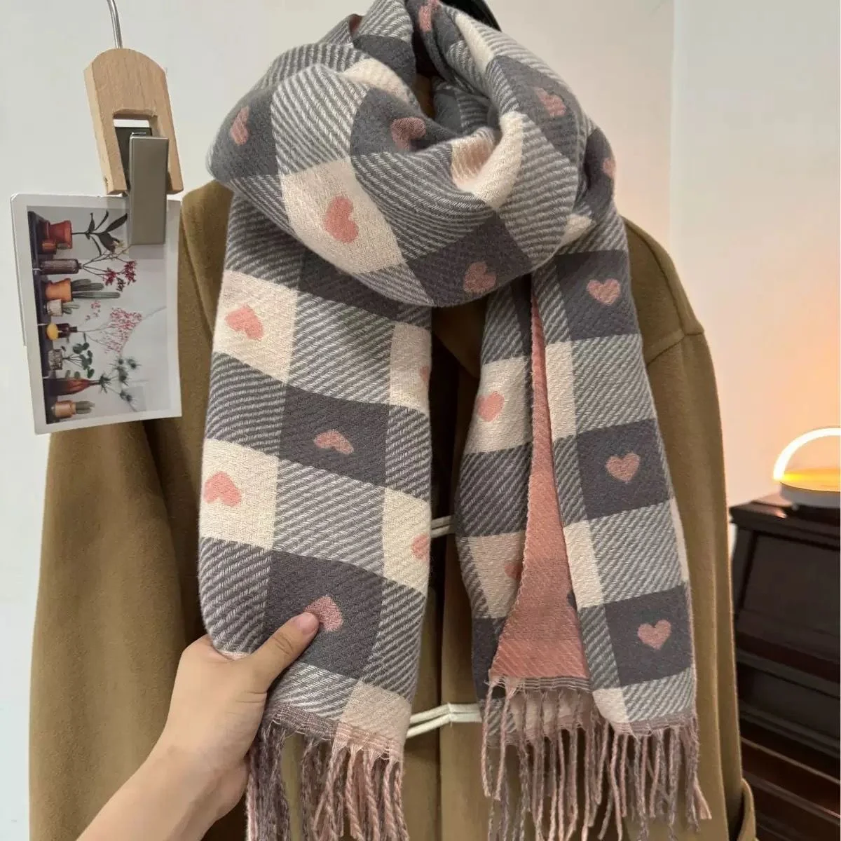 1Pcs Fall Winter Warm Heart Pattern Tassel Scarf Set, Pink & Coffee, Couple Scarves, Halloween Gift