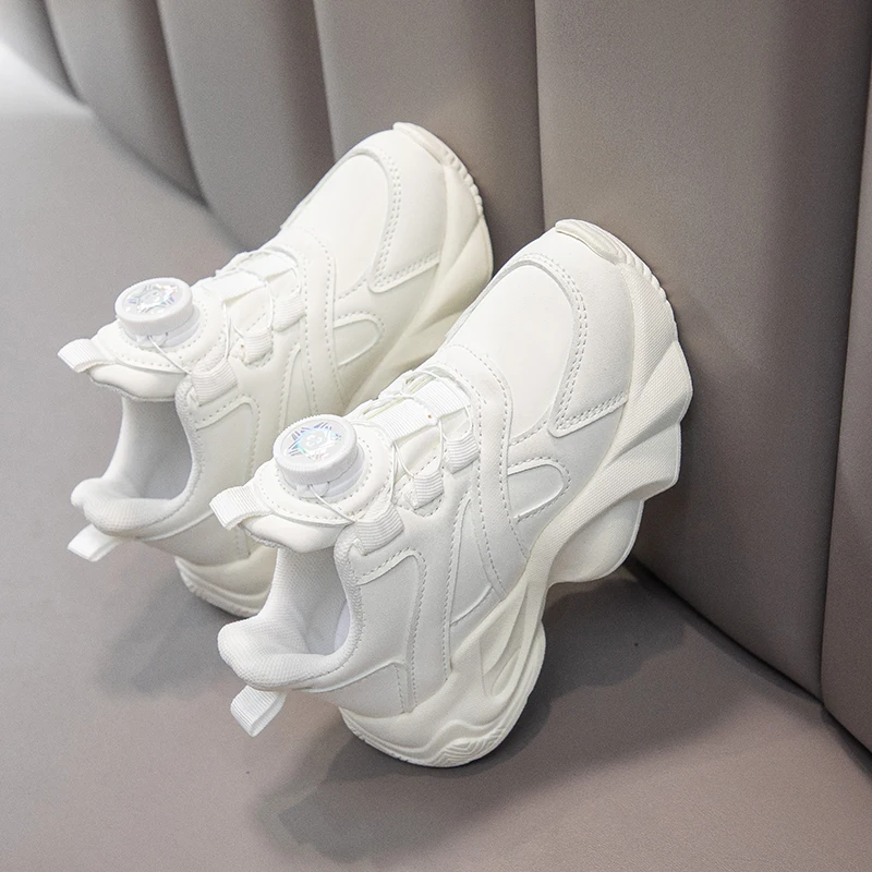 2026 New Children's Fashion Shoes, Breathable Rotating Lock Strap White Sneakers for Toddlers & Big Kids